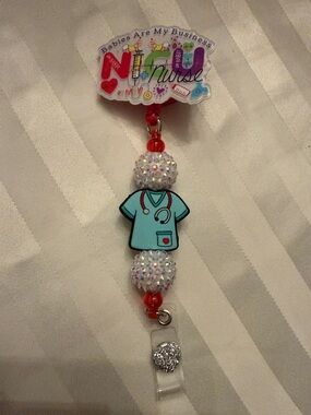 Light Blue Nurse Badge Reel with Sparkle Beads